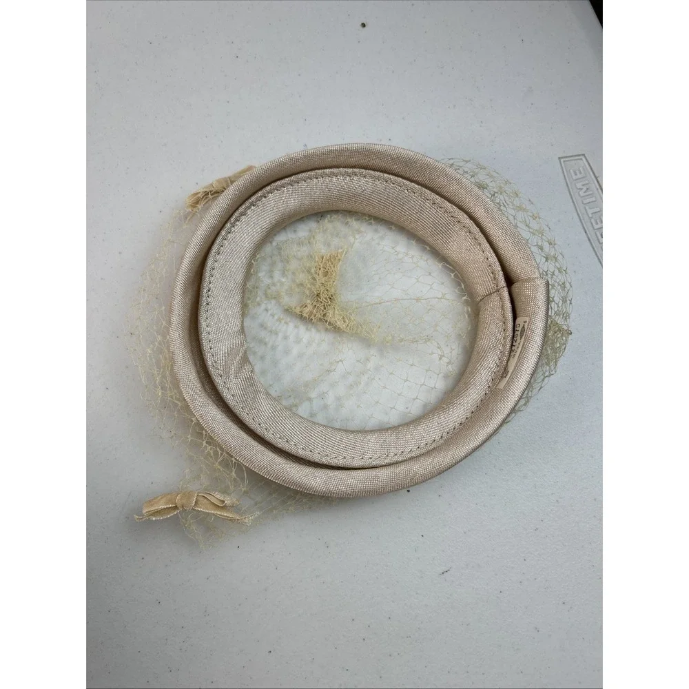 Vintage Ivory Fascinator‎ Hat Pink Net Tan Union Made Ribbon Bow 1950s